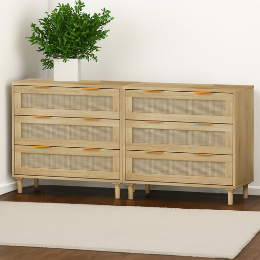 3-Drawer Rattan Storage Cabinet Set of 2, Oak Finish for Bedrooms, Living Rooms, and Hallways