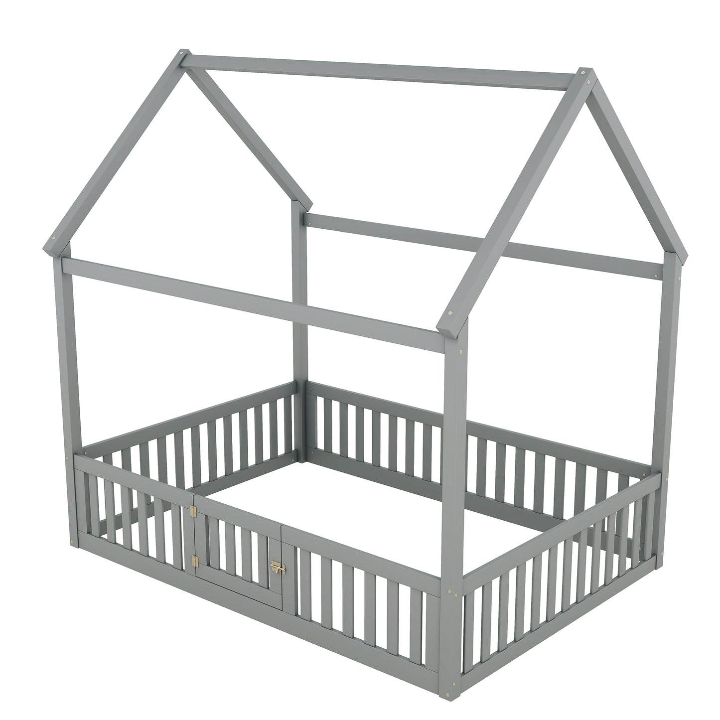 Full Size Wood House Bed with Fence and Door, Gray