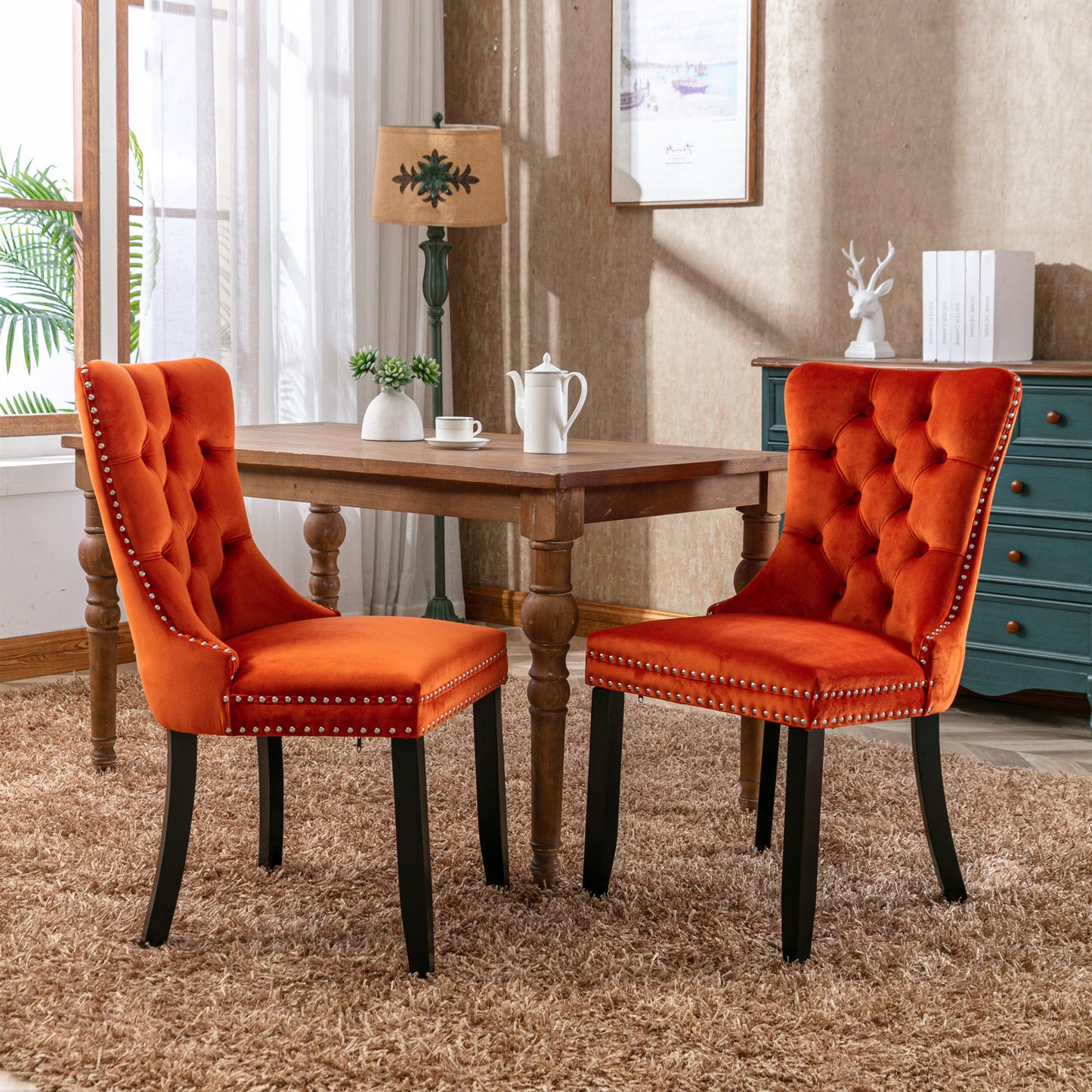 High-end Tufted Solid Wood Contemporary Velvet Upholstered Dining Chair with Wood Legs Nailhead Trim 2-Pcs Set Orange