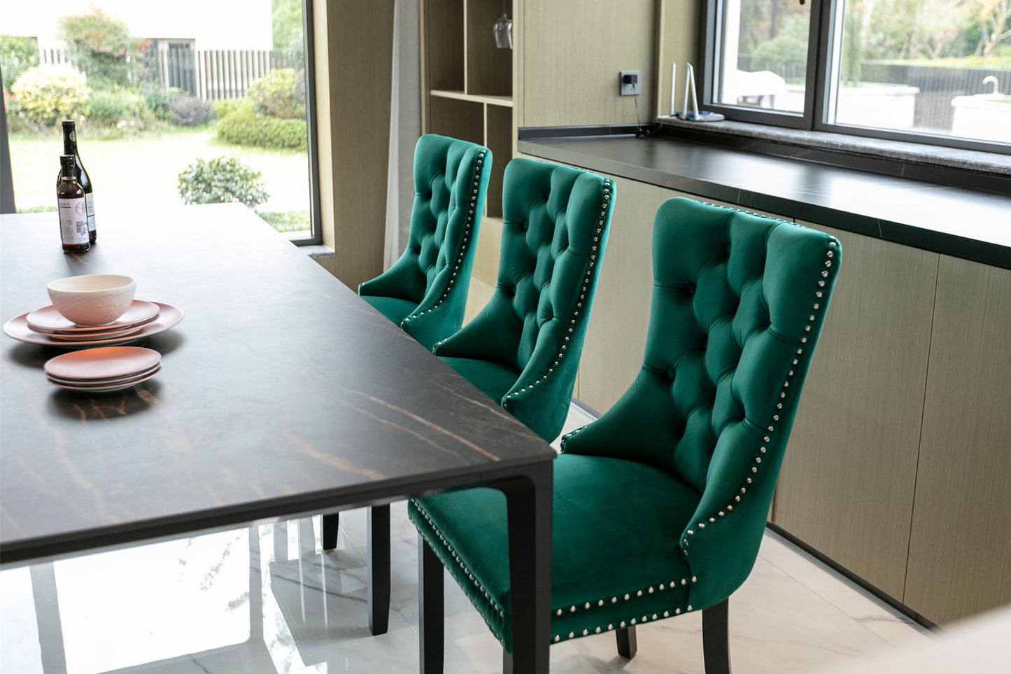 High-end Tufted Solid Wood Contemporary Velvet Upholstered Dining Chair with Wood Legs Nailhead Trim 2-Pcs Set Green