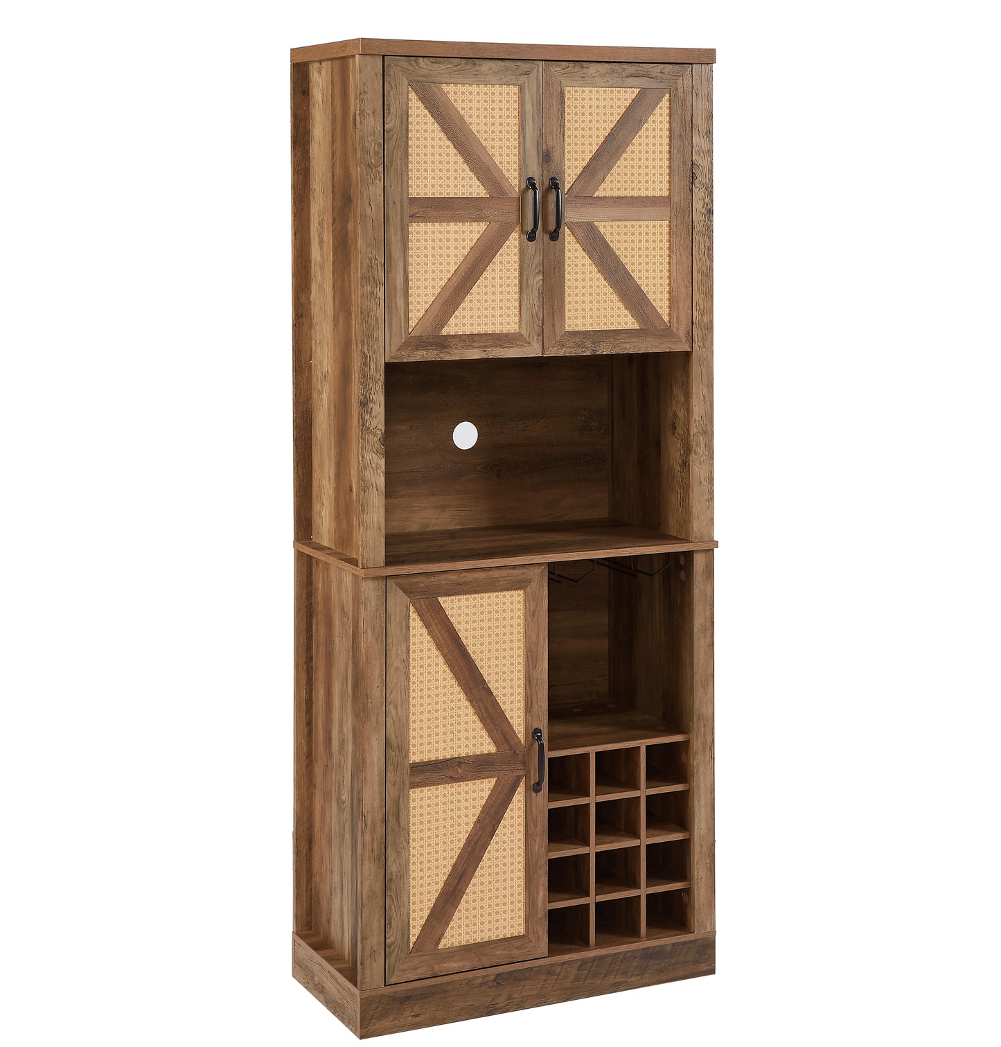 76-Inch Tall Rustic Oak Farmhouse Kitchen Faux Rattan Wine Cabinet with Square Compartments and Shelves