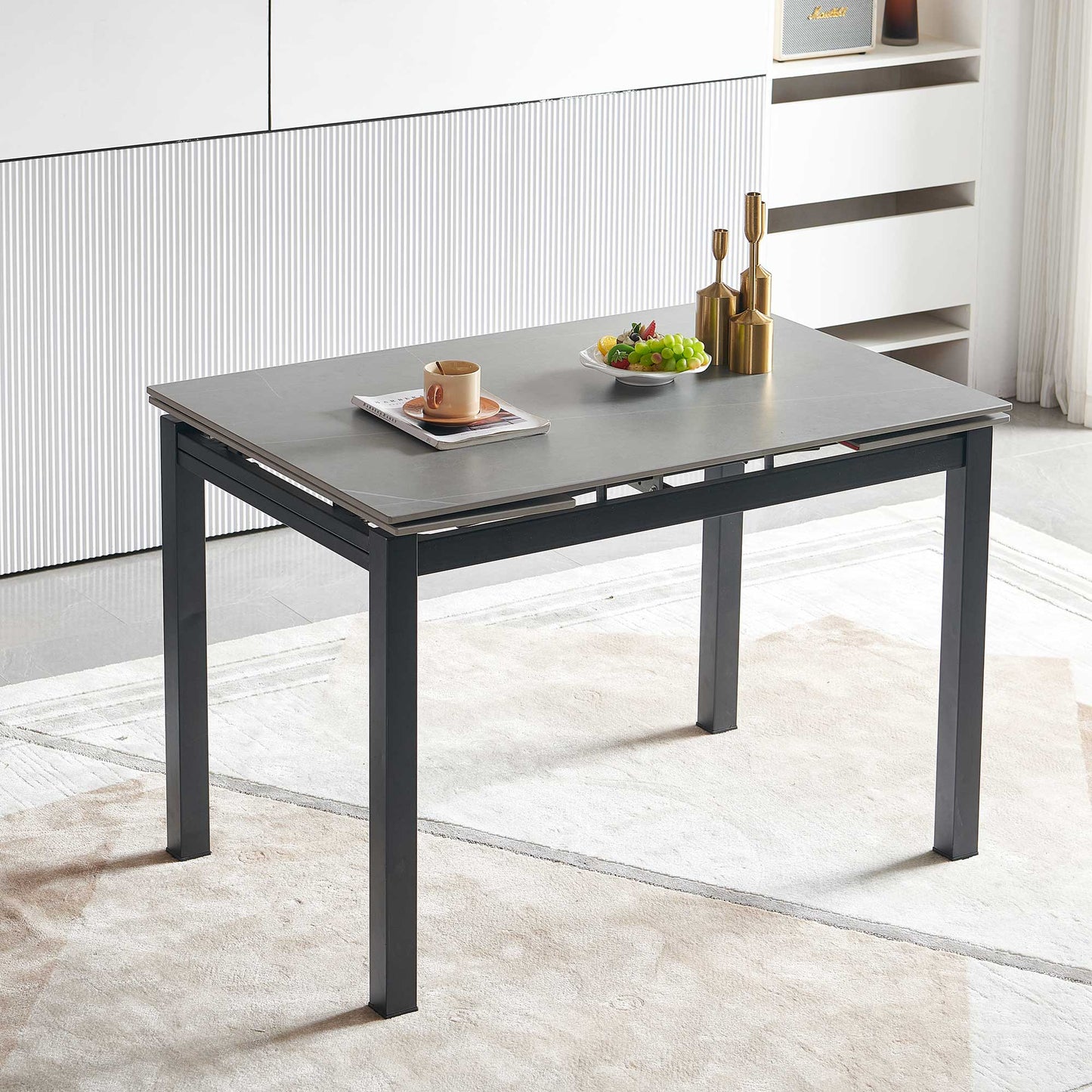 Grey Ceramic Modern Rectangular Expandable Dining Room Table For Space-Saving Kitchen Small Space -Table