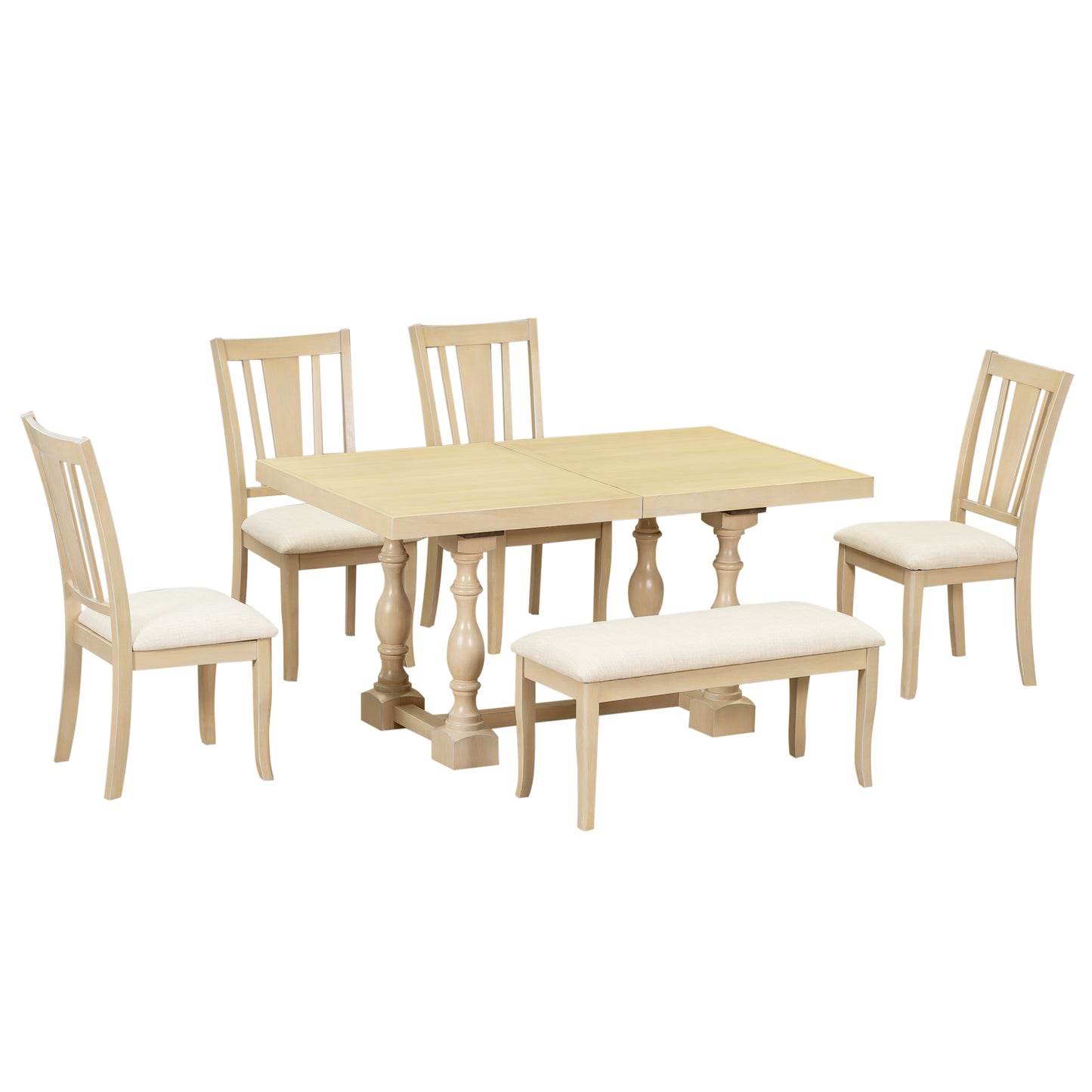 Traditional 6-Piece Trestle Extendable Dining Table Set with Removable Leaf, Padded Chairs, and Bench, Natural Finish