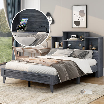 Queen Size Storage Platform Bed Frame with 4 Open Storage Shelves and USB Charging Design Gray