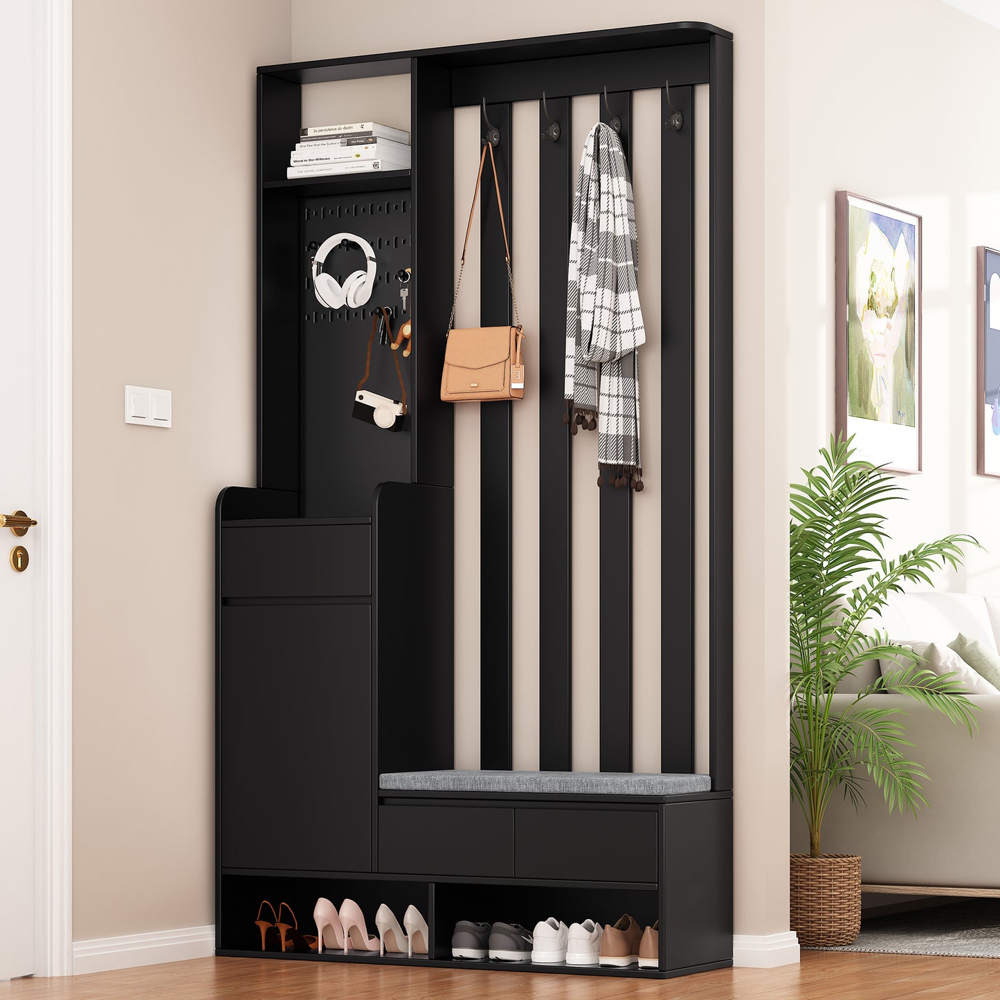 39.3"W x 70.8"H Multifunctional Corridor Shoe Cabinet with Soft Padded Nail Board and Black Hanger