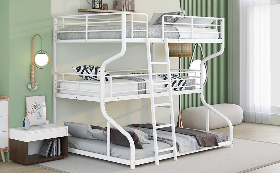 Full XL over Twin XL over Queen Size Triple Bunk Bed with Long and Short Ladder White