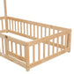 Twin House-Shaped Headboard Floor Bed with Fence Natural