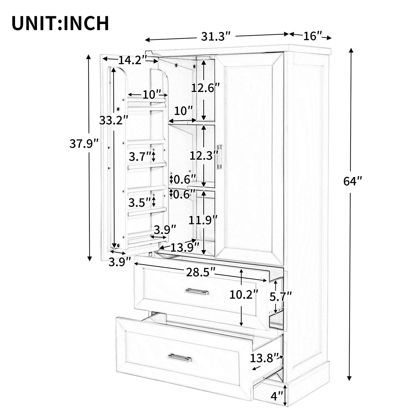 Tall Bathroom Storage Cabinet with Two Doors and Drawers, Adjustable Shelf, MDF Board, White Finish