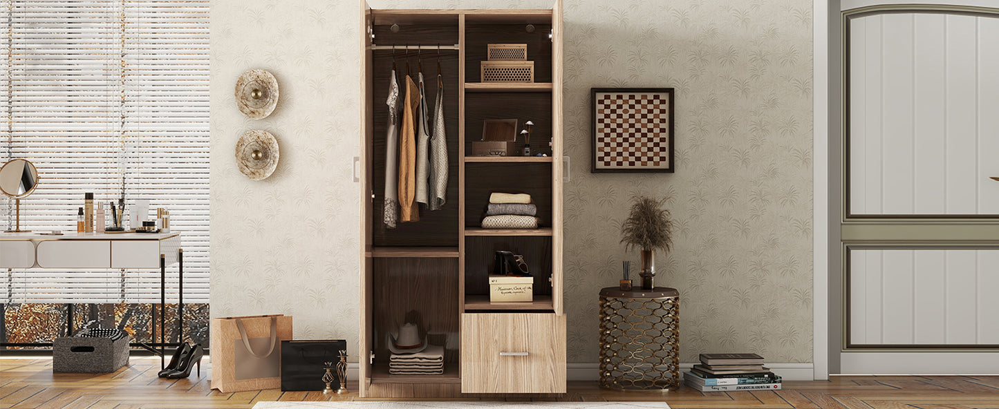 Wooden Wardrobe with Double Doors, Armoire with Hanging Rod, 5 Fixed Shelves, and 1 Drawer, Natural Finish