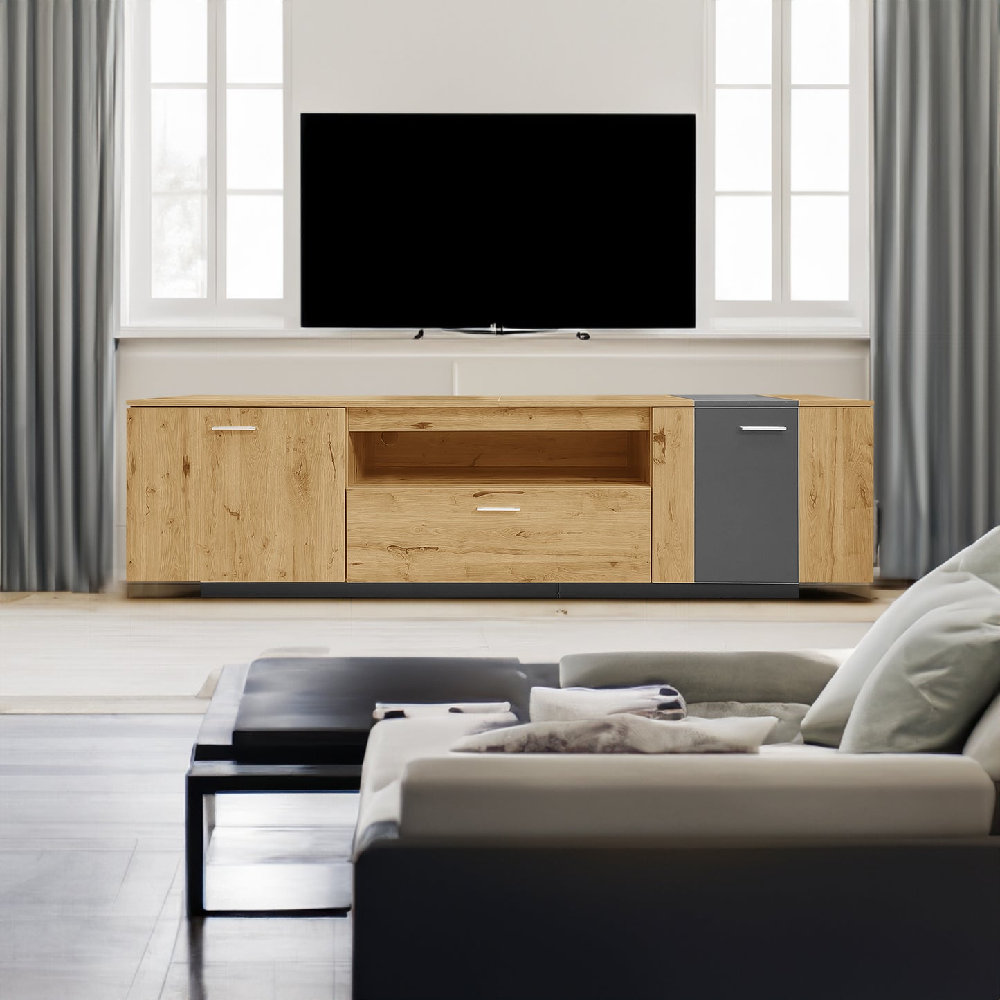 70-Inch Modern TV Stand with 3 Cabinets and Drawers, Entertainment Center for TVs Under 80 Inches