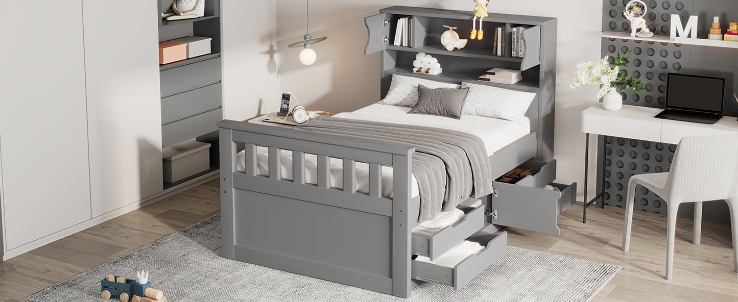 Twin Size Captain Platform Bed Frame with Storage Bookcases and Shelves,Four Drawers, Gray