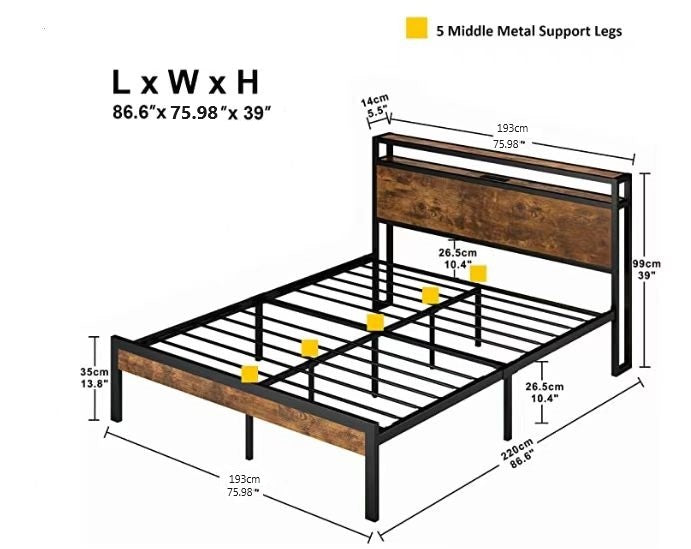 Extra large metal platform bed frame with wooden headboard and footrest, USB LINER, LED lights