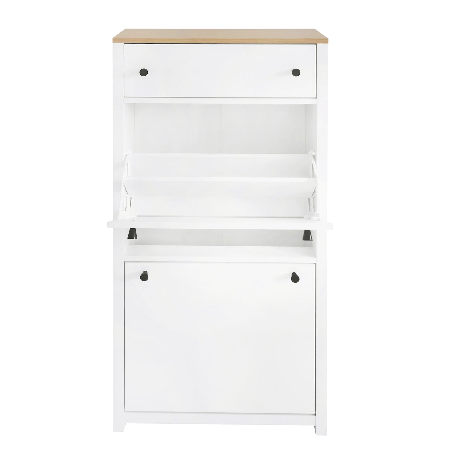 ONTREND ultra-thin shoe cabinet set with 4 flip drawers and adjustable panel top shoe rack, white