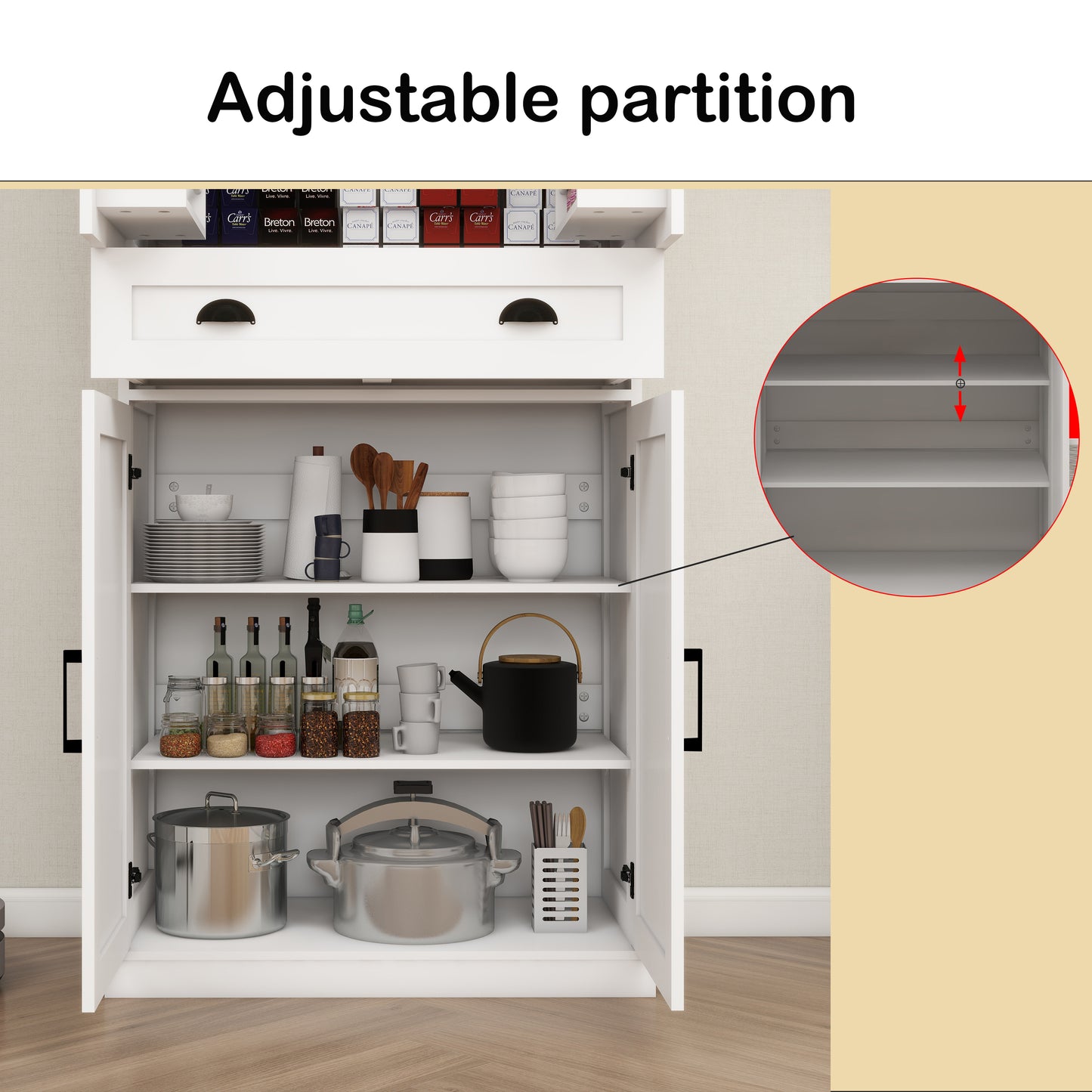 Kitchen Pantry Storage Cabinet with 4 Doors(2Doors with Racks)1 Drawer 2 Adjustable Shelves Freestanding Cupboard