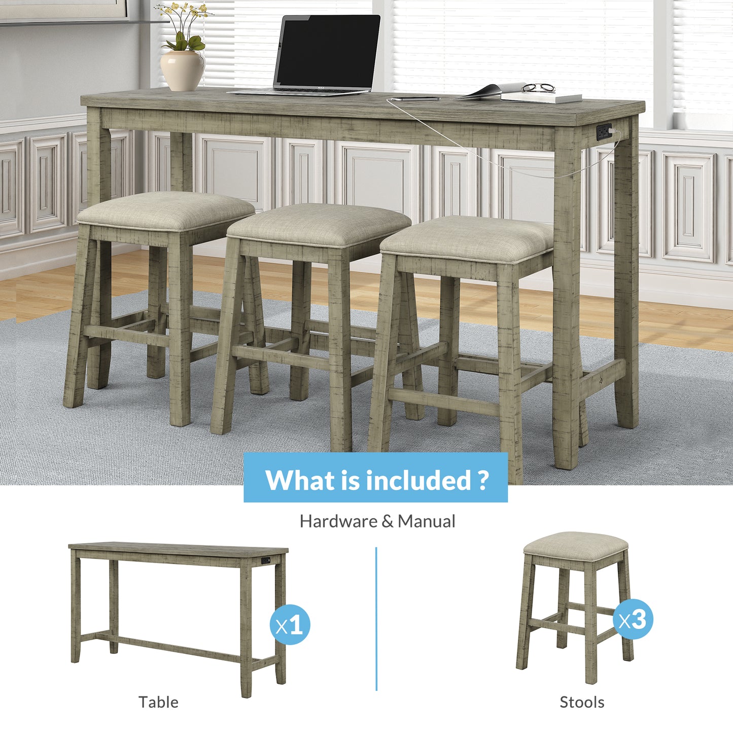 TOPMAX 4-Piece Counter Height Table Set with Fabric Padded Stools, Rustic Bar Dining Set in Gray Green