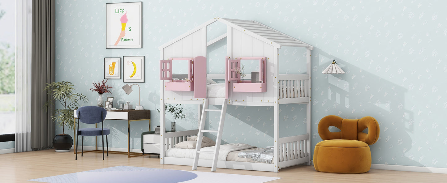 Twin over Twin House Bunk Bed with Roof , Window, Window Box, Door , with Safety Guardrails and Ladder, Pink/White