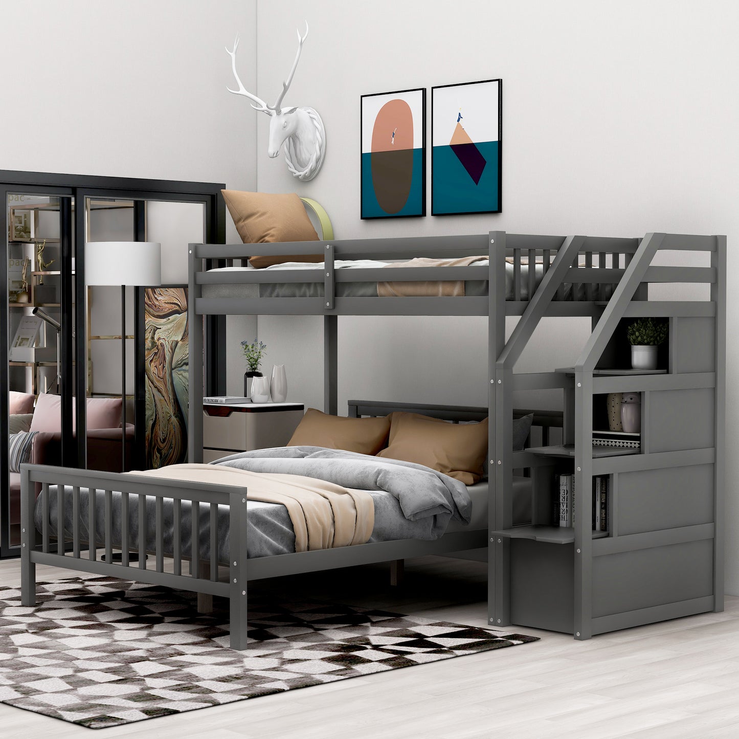 Twin over Full Loft Bed with Staircase Gray