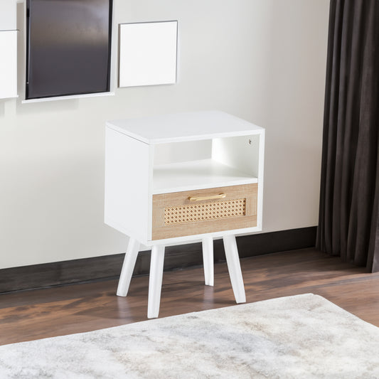 Rattan End table with drawer and solid wood legs Modern nightstand side table for living room white