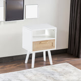 Rattan End table with drawer and solid wood legs Modern nightstand side table for living room white