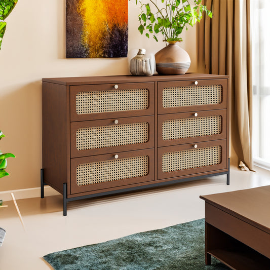 Modern Hemp Vine Wood Closet with 6 Drawers, Dressing Table, and Walnut Wood Side Panel