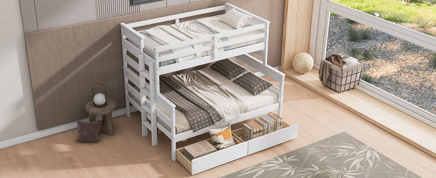 Wood Twin over Full Bunk Bed with 2 Drawers  White