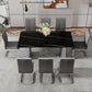 Modern minimalist dining table The black imitation marble glass desktop is equipped with silver metal legs