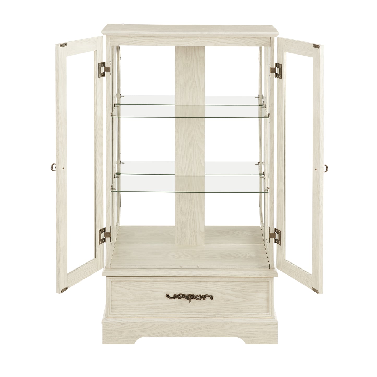 Light colored glass cabinet Curio display cabinet with adjustable glass frame, 2 doors and 1 drawer, including white light bulbs