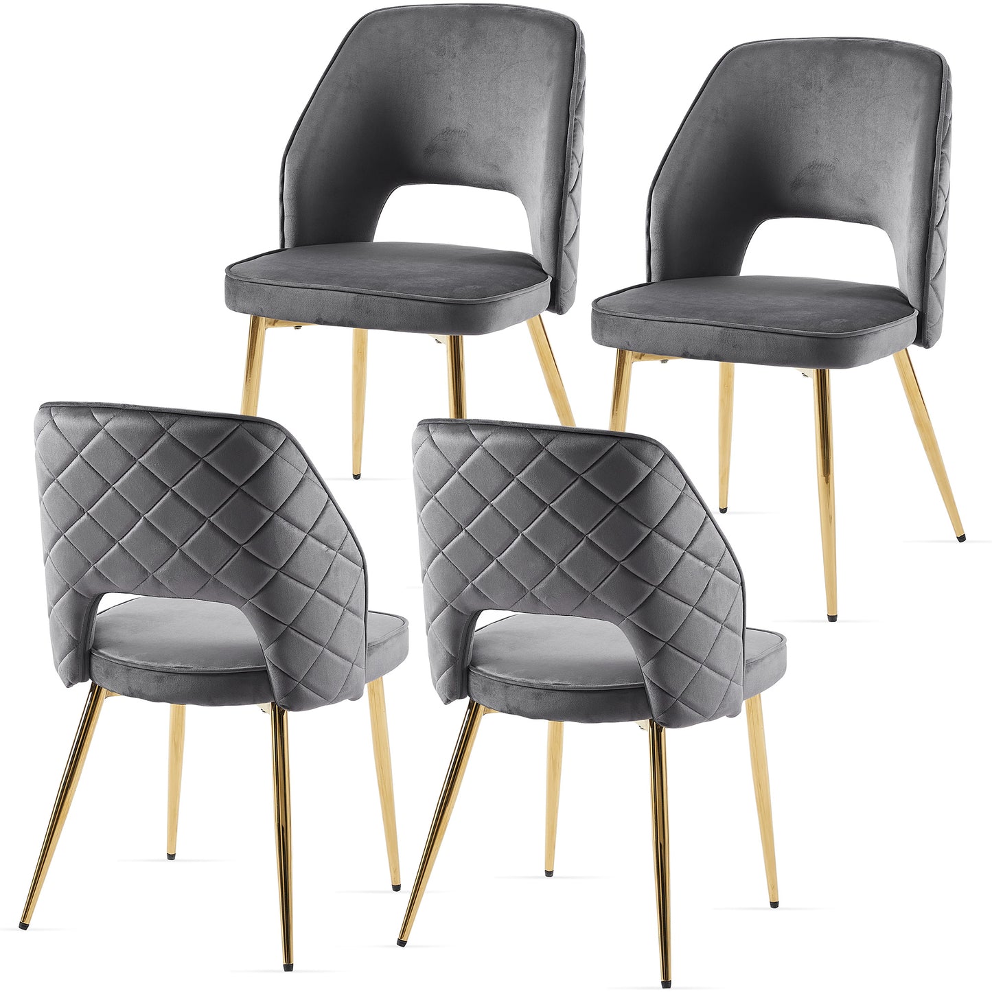 Gray Velvet Dining Chairs with Metal Legs and Hollow Back, Set of 4 for Modern Dining Rooms