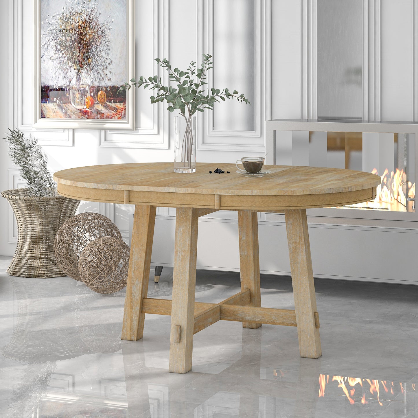 TREXM Farmhouse Round Extendable Dining Table