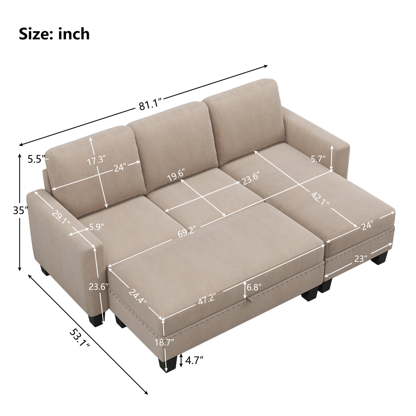 81" Reversible Sectional Couch with Storage Chaise, L-Shaped Sofa for Apartments in Warm Grey