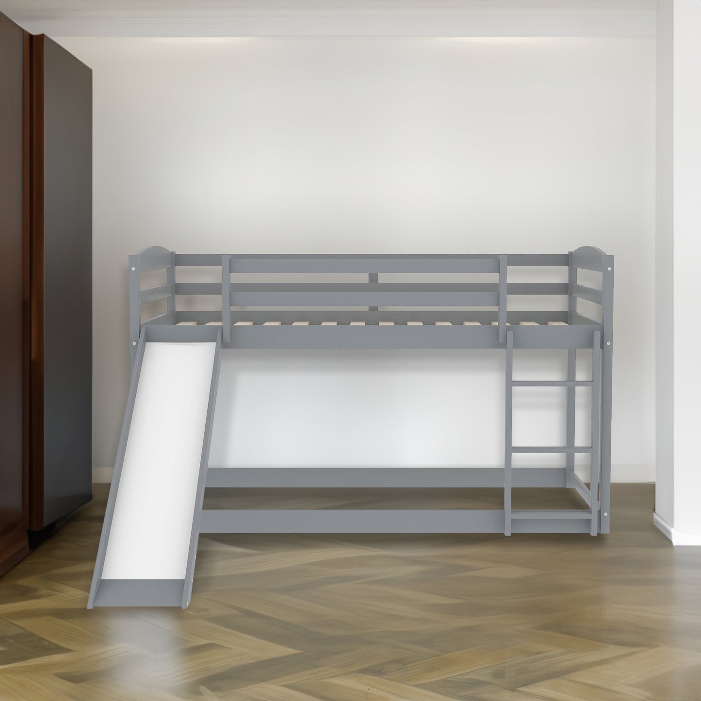 Twin over Twin Bunk Bed with Convertible Slide and Ladder Gray