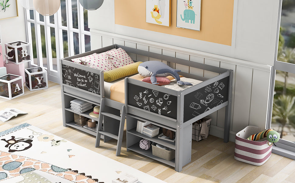 Twin Size Low Loft Bed with Two Movable Shelves and Ladder,with Decorative Guardrail Chalkboard,Gray