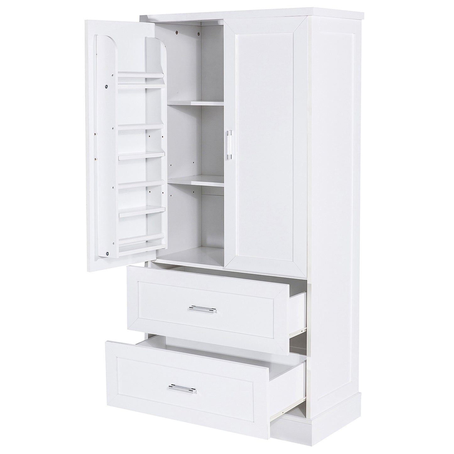 Tall Bathroom Storage Cabinet with Two Doors and Drawers, Adjustable Shelf, MDF Board, White Finish