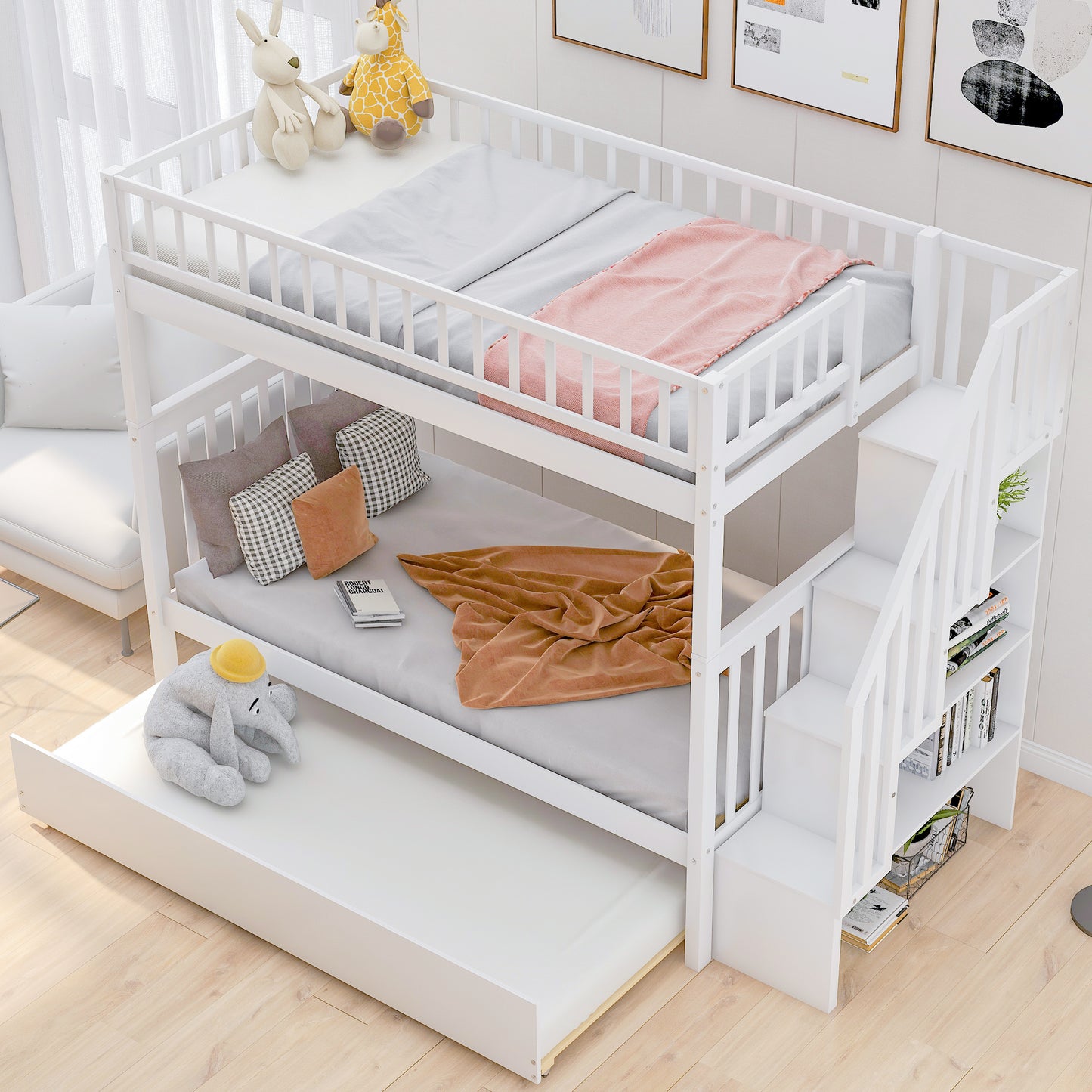 Twin over Twin Bunk Bed with Trundle and Storage  White