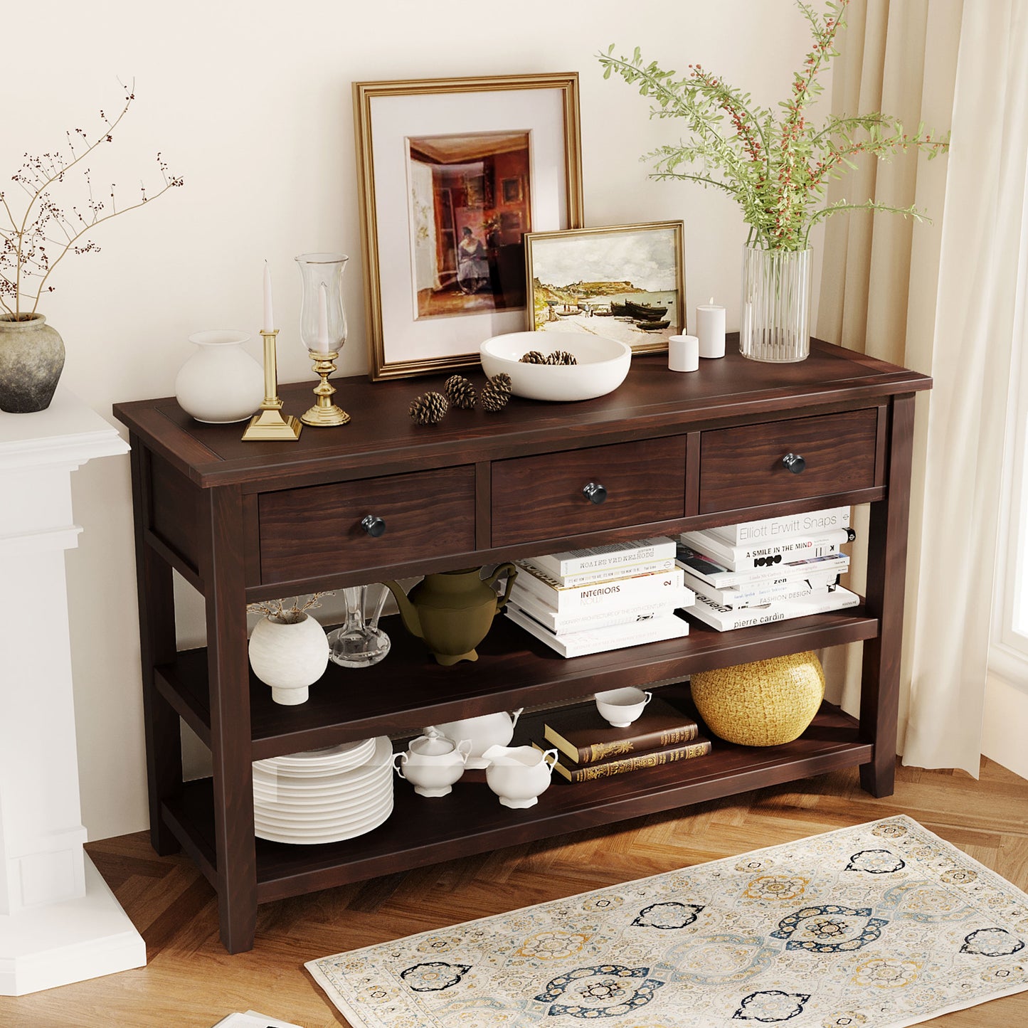 Retro Design Console Table with Two Open Shelves, Pine Solid Wood Frame and Legs for Living Room (Espresso)