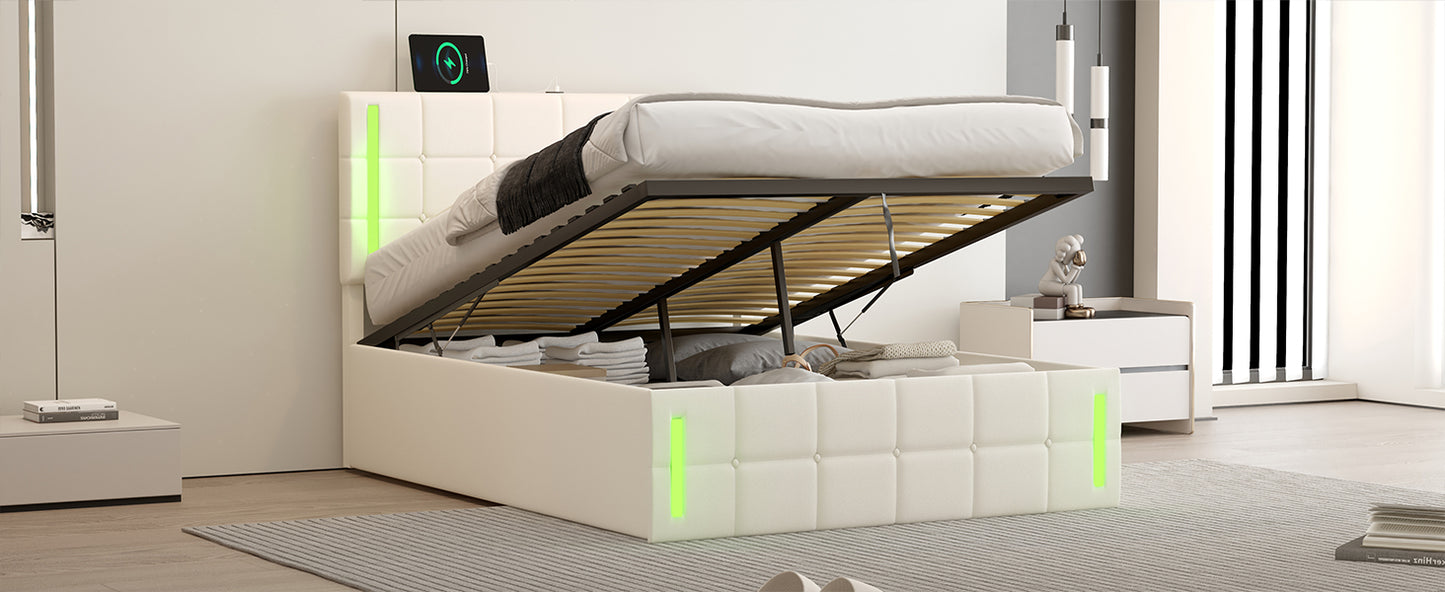 Cama tapizada de tamaño completo con luces LED, sistema de almacenamiento hidráulico y estación de carga USB, acabado blanco