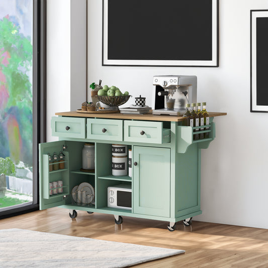 Kitchen trolley, cabinet door internal storage rack with storage cabinet and 3 dining room drawers, mint green