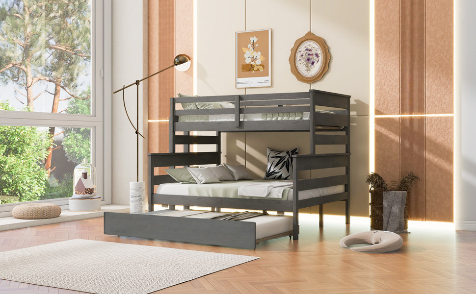 Wood Twin over Full Bunk Bed with Twin Size Trundle  Gray