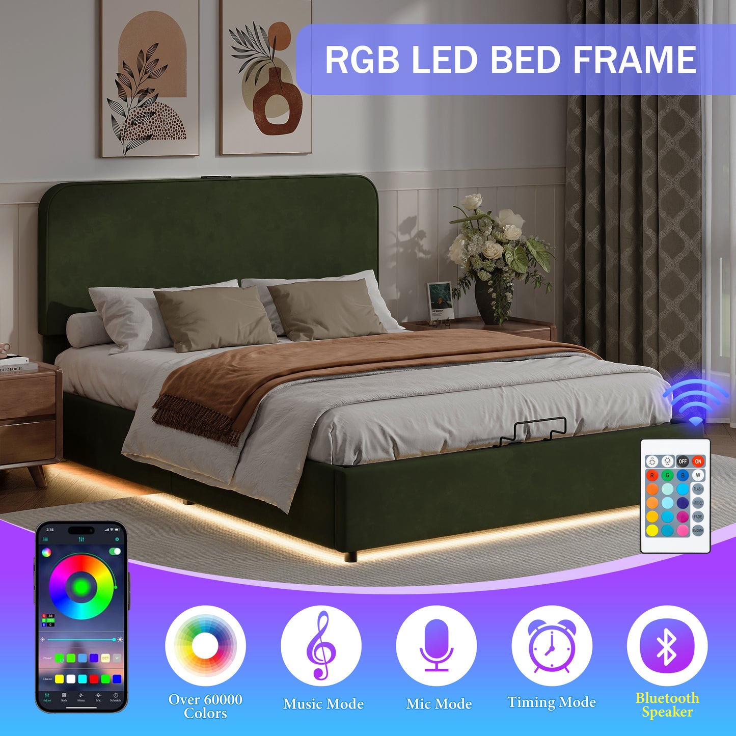 Large hydraulic storage bed with soft cushion lifting storage bed with RGB LED lights, Bluetooth speaker lychee velvet, green