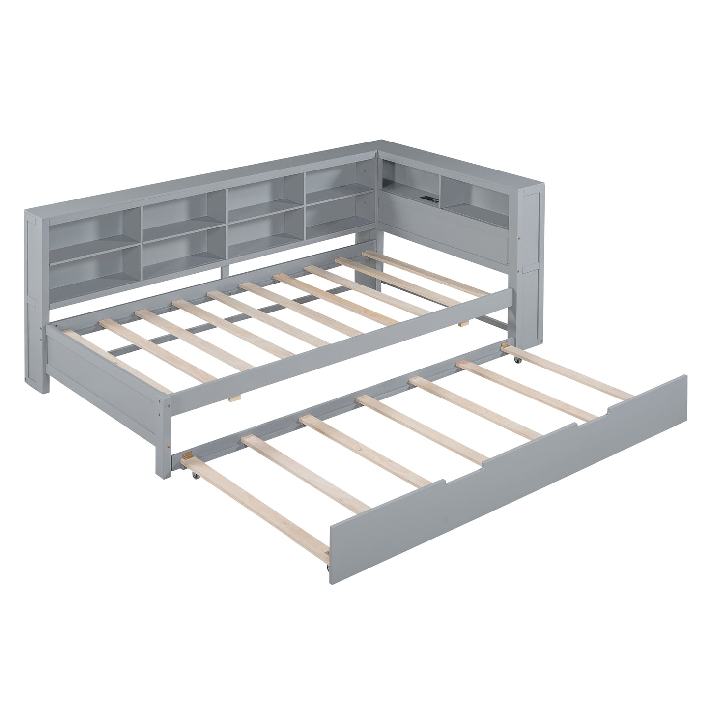 Wooden Twin Size DayBed with Twin Size Trundle, DayBed with Storage Shelf and USB Charging Ports,Grey