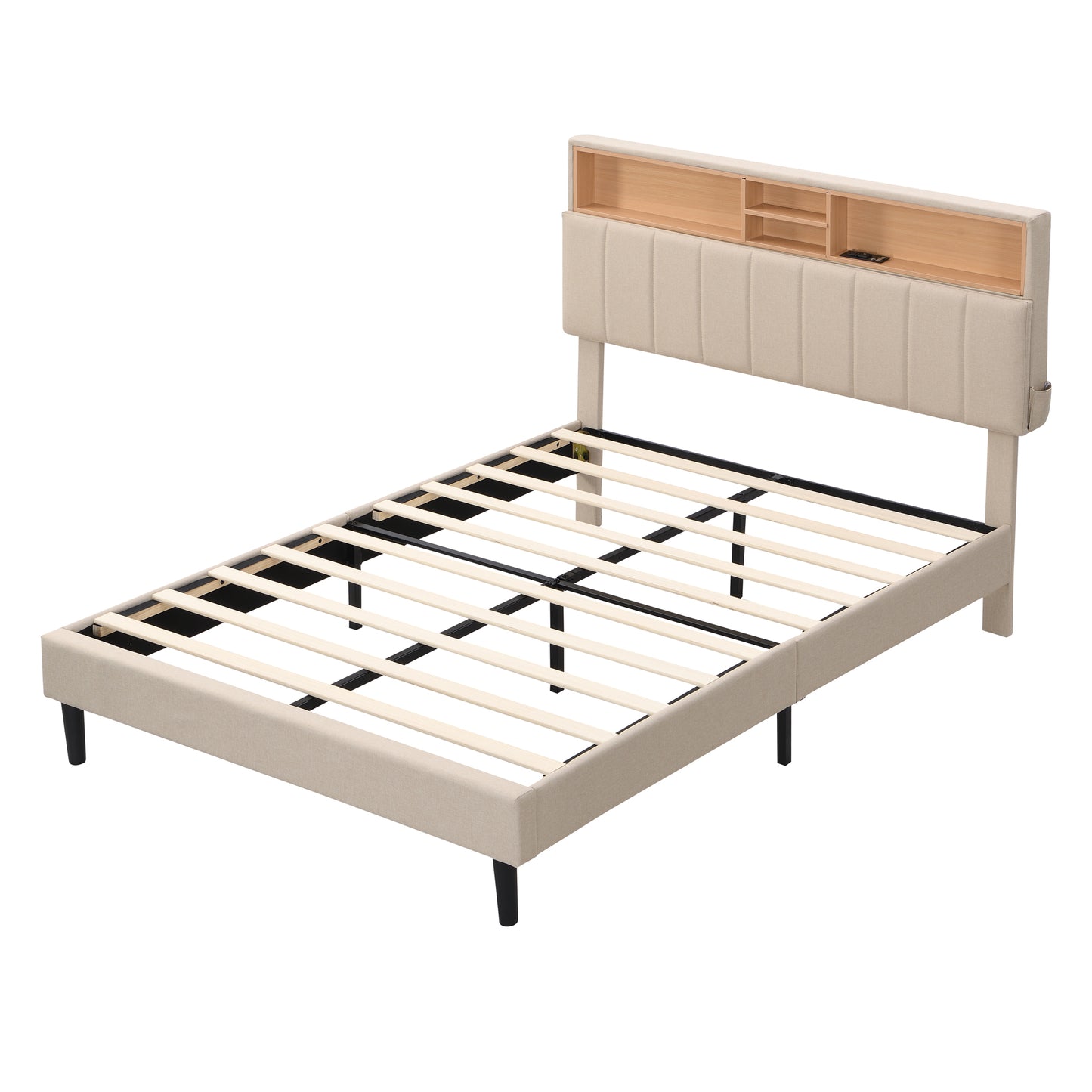 Full Size Upholstered Platform Bed with Storage Headboard and USB Port, Linen Fabric in Beige