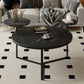 Modern coffee table with two display shelves, Black Faux marble surfaces, Tripod-inspired base,Rounded tabletop edges