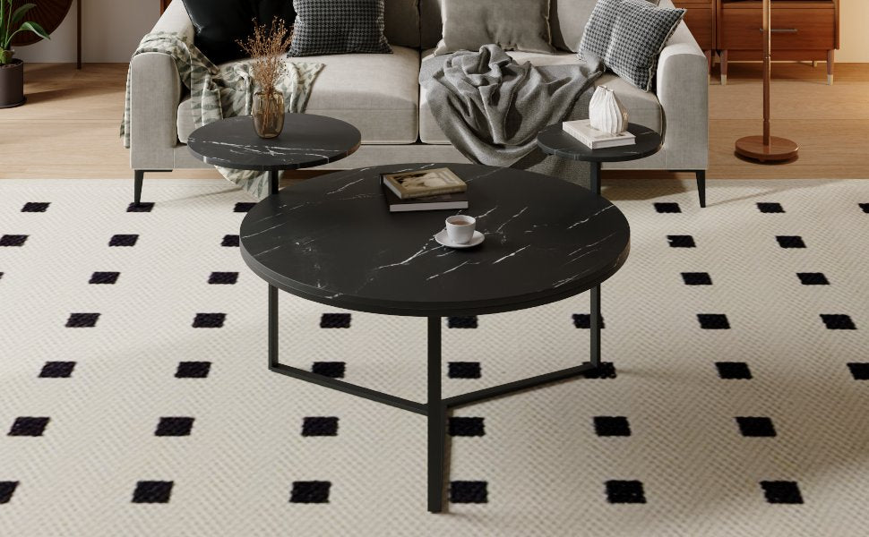 Modern coffee table with two display shelves, Black Faux marble surfaces, Tripod-inspired base,Rounded tabletop edges