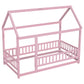 Twin Size Floor Wooden Bed with House Roof Frame, Fence Guardrails,Pink