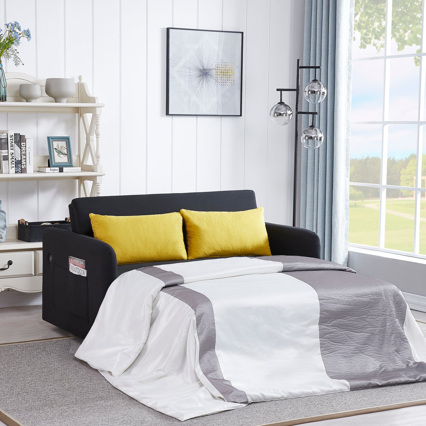 Sofá cama Twin en tela negra, diseño convertible elegante y funcional para espacios pequeños