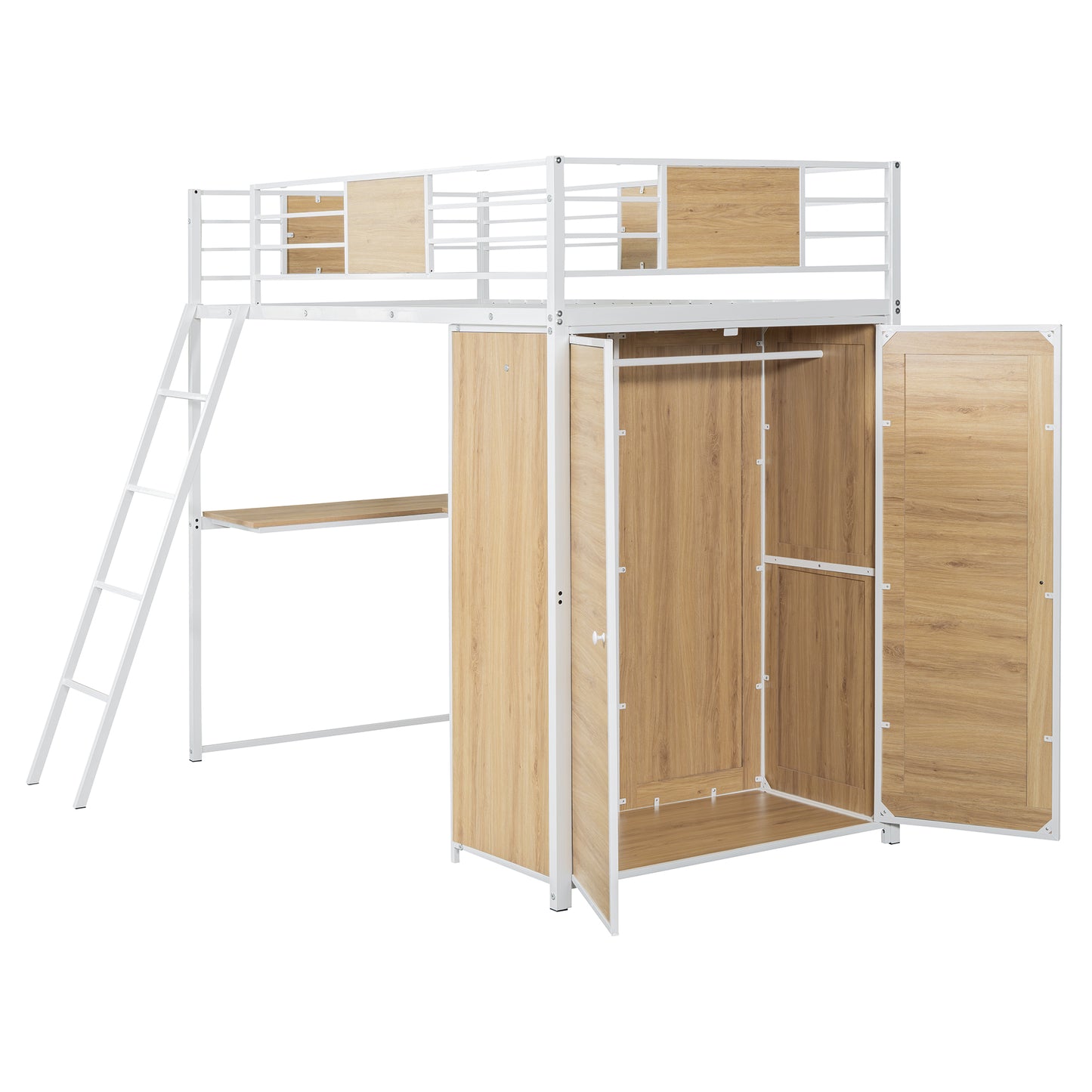 Twin Size Loft bed with L-shape Desk and Wardrobe, White