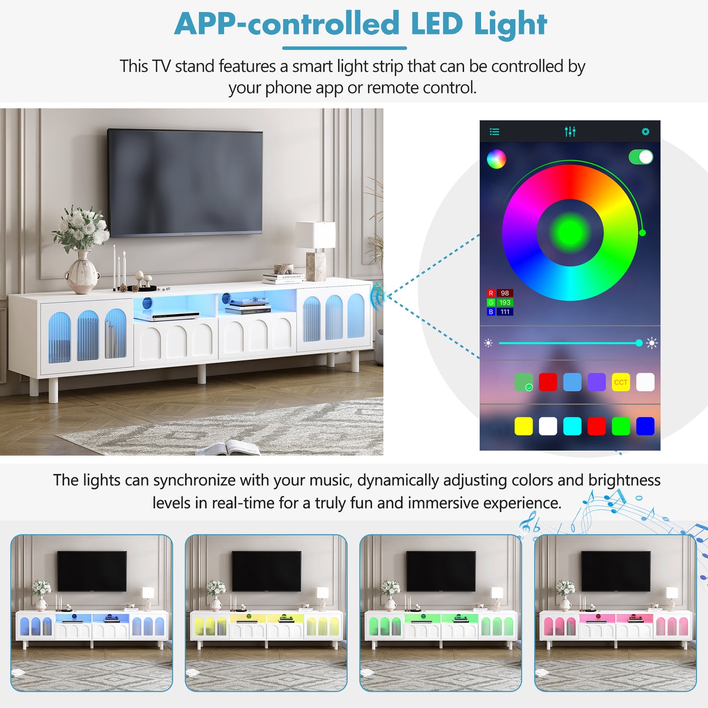 ON-TRANS Cream TV Stand with LED Light Strip, Tempered Glass Door for 80-Inch TVs, White Finish