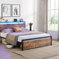 Full size bedstead with storage headboard and 2 drawers, LED light bed with charging station, metal Flat noodles support