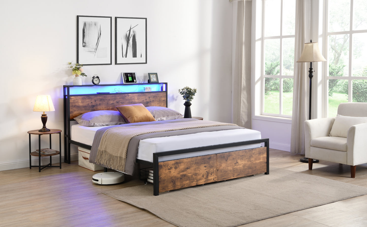 Full size bedstead with storage headboard and 2 drawers, LED light bed with charging station, metal Flat noodles support