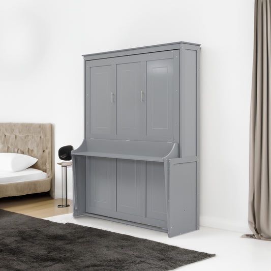 Queen Size Murphy Bed with Built-In Shelf, Space-Saving Design in Modern Gray Finish